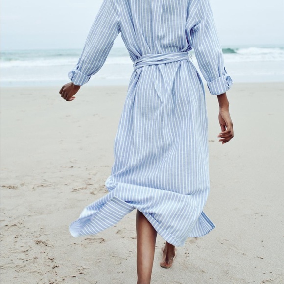 🆕 2024 ZARA LINEN STRIPED BELTED MIDI DRESS - Picture 3 of 3